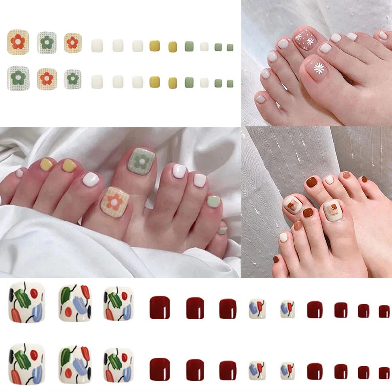 

24pcs Toe Nails Decorations False Full Cover Acrylic Fake Foot Nails Dark Red Toenails Flower False Toe Nails Manicure Tools