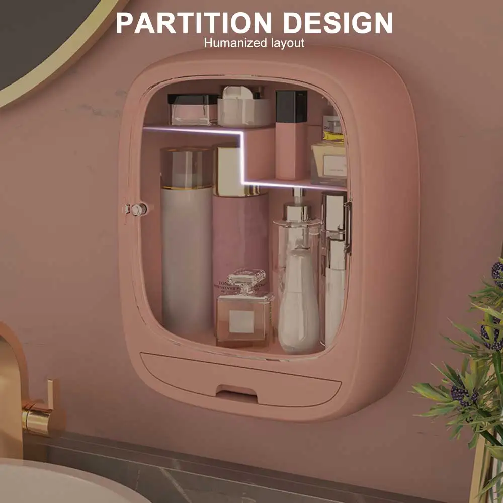 

Makeup Storage Box Wall Hanging Makeup Organizer Dustproof Punch-Free Cosmetics Holder Case with Drawer for Bathroom