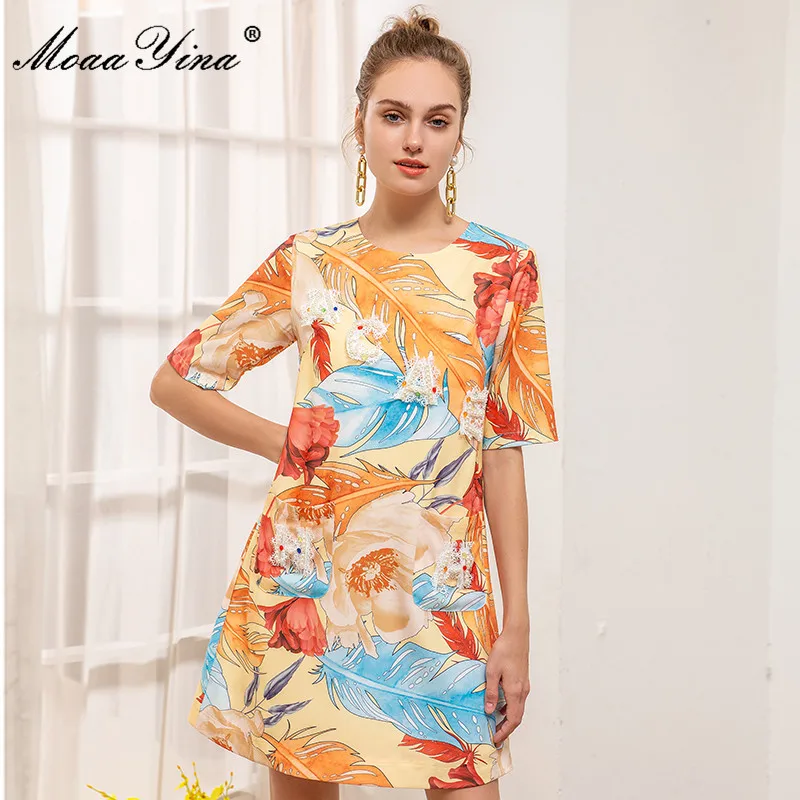 

MoaaYina модное дизайнерское Летнее мини-платье с коротким рукавом, кружевом, бисером, цветочным принтом, винтажным элегантным коротким рукаво...