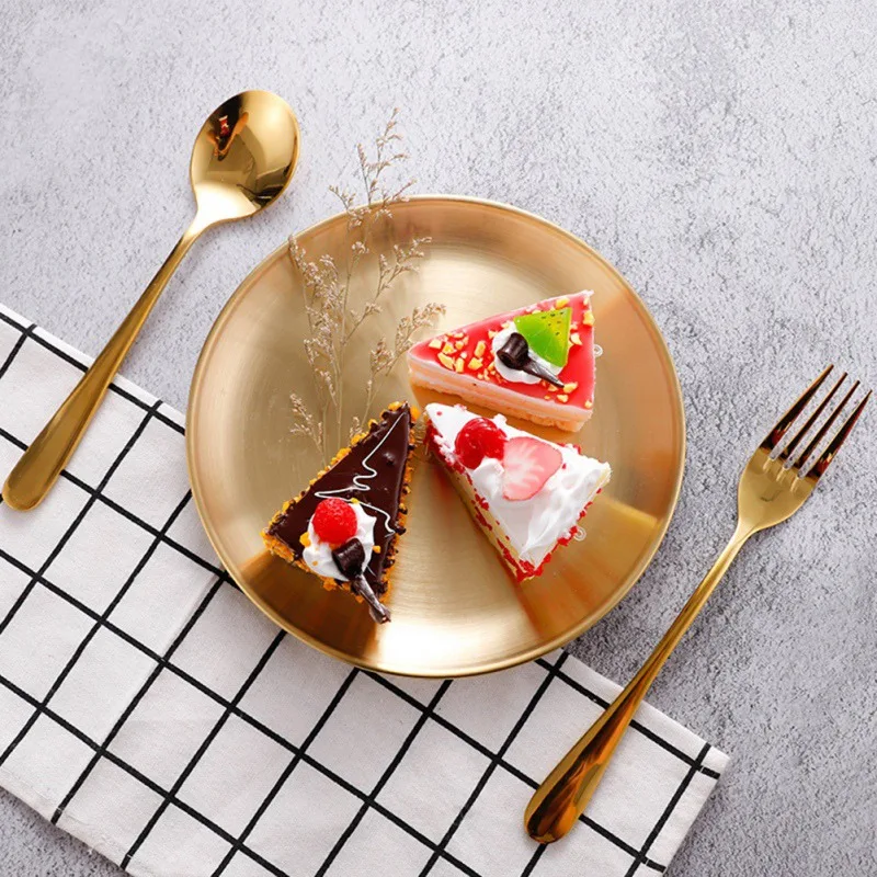 

Metal Storage Tray Round Stainless Steel Snack Fruit Cosmetics Jewelry Organizer European Style Dinner Plates Gold Dining Plate
