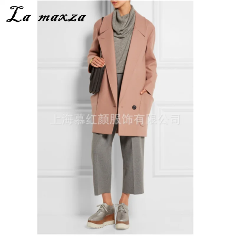 

Winter Korean Slim Women Casual Coats Pink Elegant Vintage Plus Size Woolen Ladies Oversize Coat