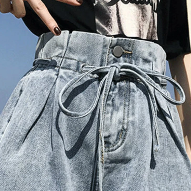 

Shorts Women Summer Denim Drawstring High-waist Crimping Wide-leg 2XL Vintage Washed Korean-style Streetwear All-match Casual