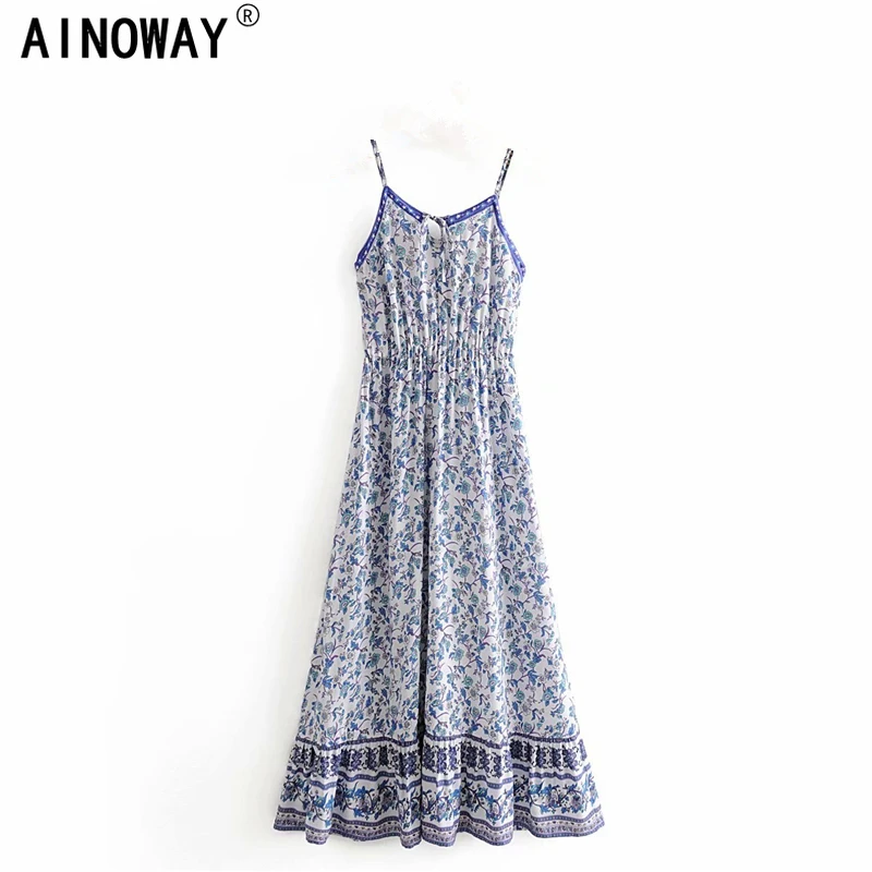 Винтажное шикарное женское синее пляжное богемное платье без рукавов с