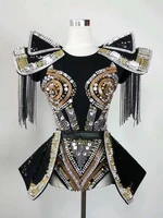 flashing silver black sequins rivets fringes big shoulders leotard skirt dancer show outfit set stage performance clothing