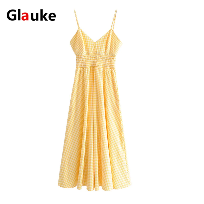 Женская одежда GLAUKE желтое клетчатое платье без рукавов с эластичным поясом