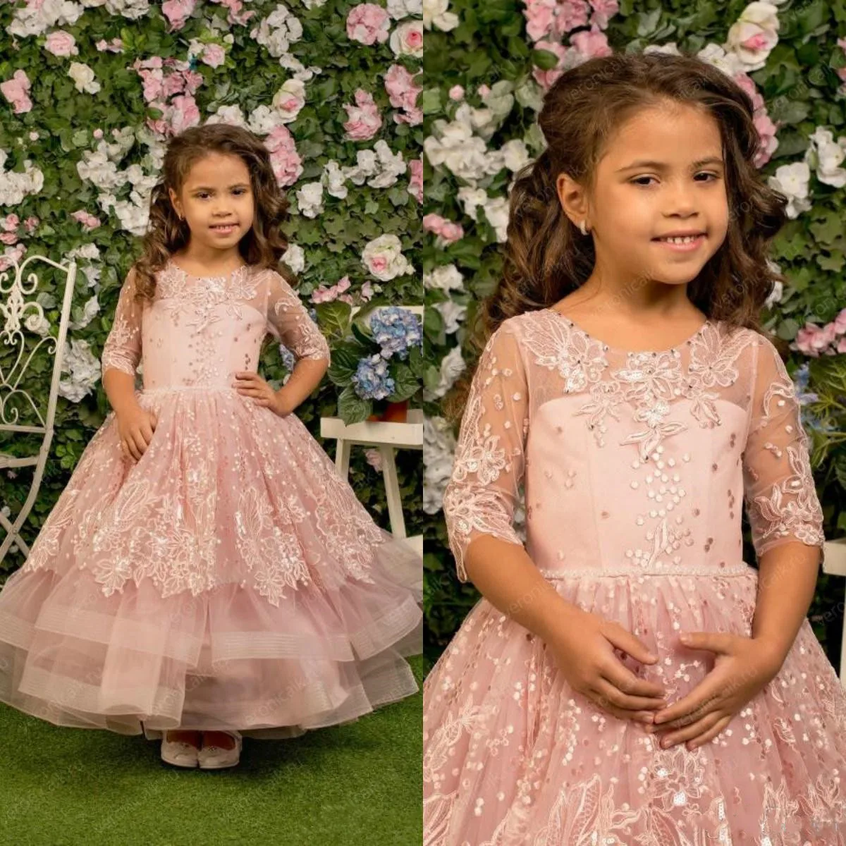 

New 2022 Flower Girls Dresses O Neck Applique Beaded Lace Half Sleeve Girls Party Dress Teens Pageant Gown Custom Size
