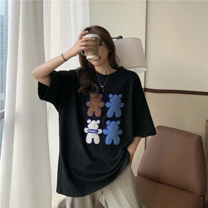 

Korean Version Short-Sleeved Women's T-Shirt Loose Mid-Length Top Summer Cute Little Bear Printing All-Match Clothing Female