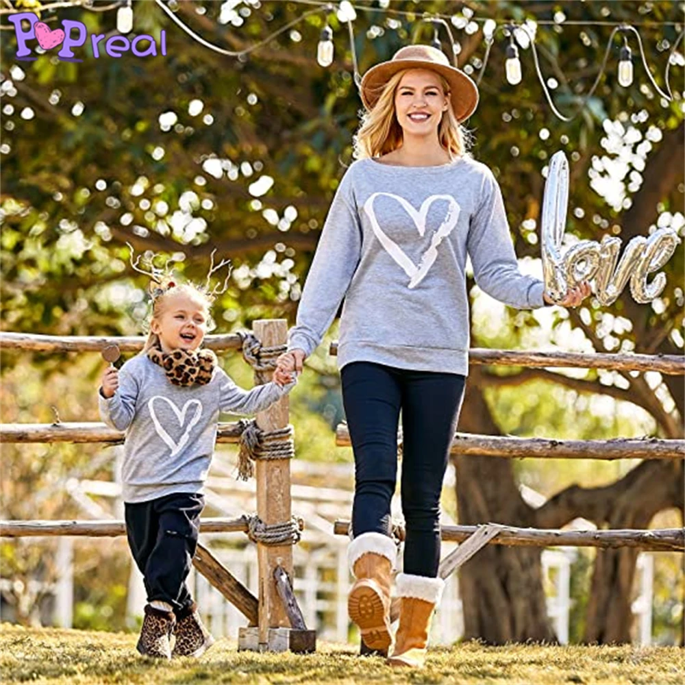 

PopReal Mom And Daughter T-shirts Fashion Solid Love Print Tops O-Neck Pullover Family Matching Outfits Parent-Child Outfit