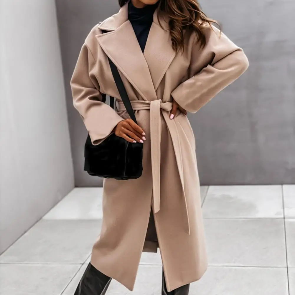 

Женское однотонное пальто оверсайз с поясом, осенне-зимнее пальто с отложным воротником и завязкой на талии, универсальное офисное пальто