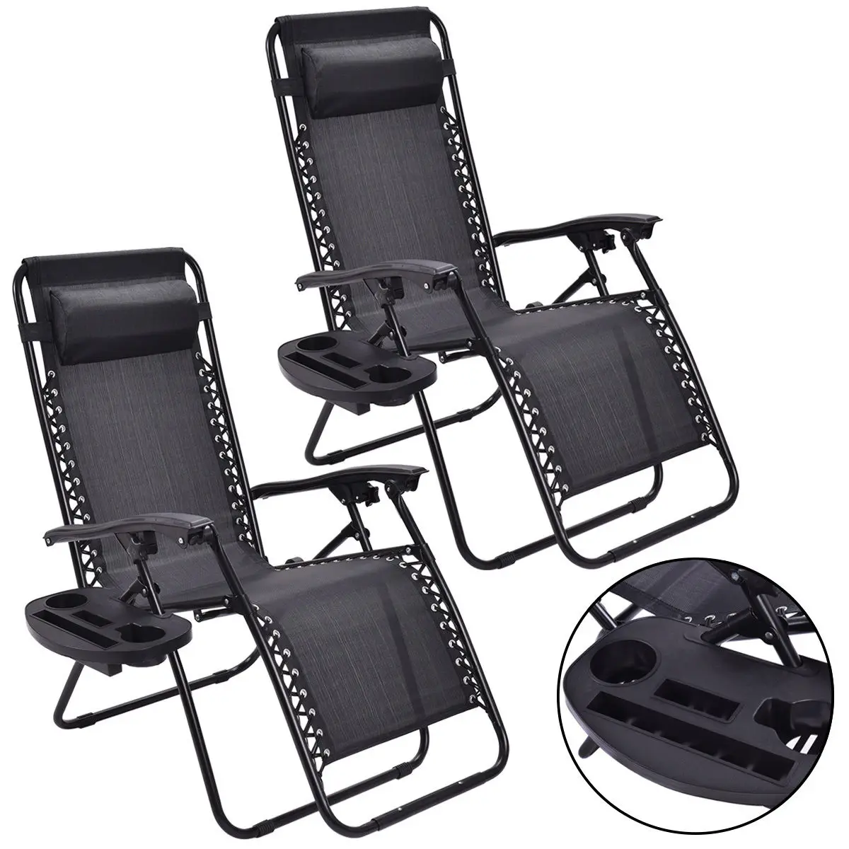 

Costway 2PC Zero Gravity Chairs Lounge Patio Folding Recliner Outdoor Black W/Cup Holder OP70528-2BK