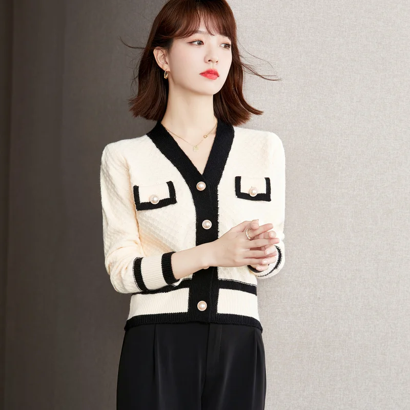 

Spring/Autumn Women's Sweater New Fashion Casual Slim Stretch Cotton Long Sleeve Buttons Splicing Cardigan Top Houthion