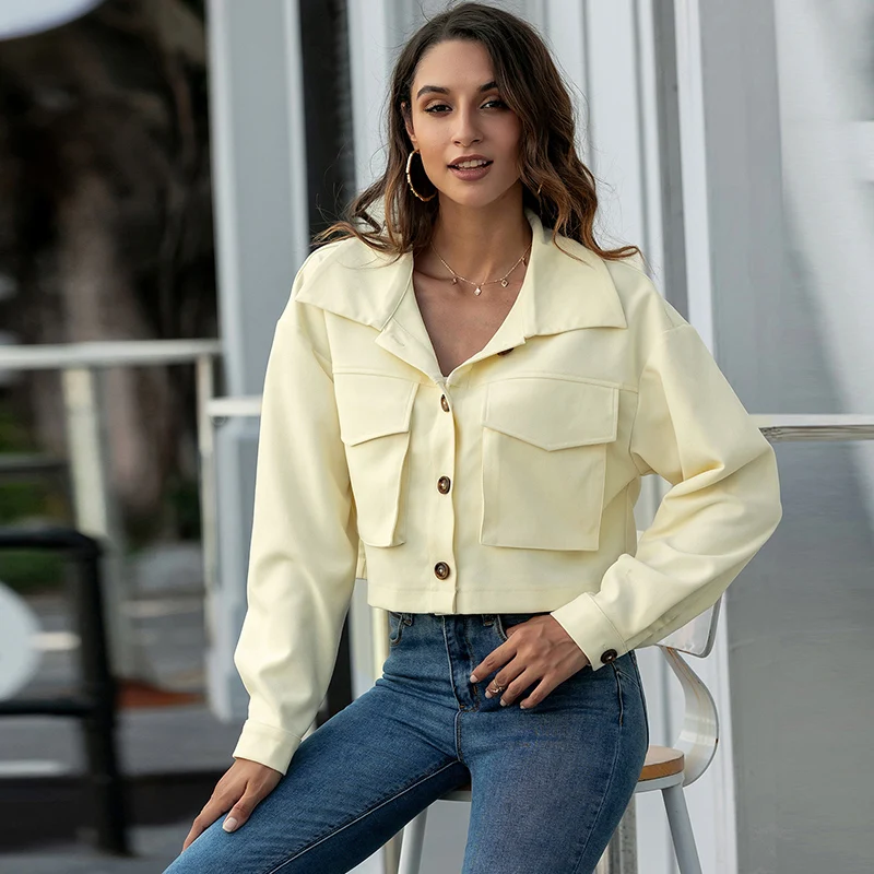 

Autumn Female Coat Crop Jackets Solid Color Turn-Down Collar Long Sleeve Tops Greatcoat Outerwear Jacket for Women Fashion New