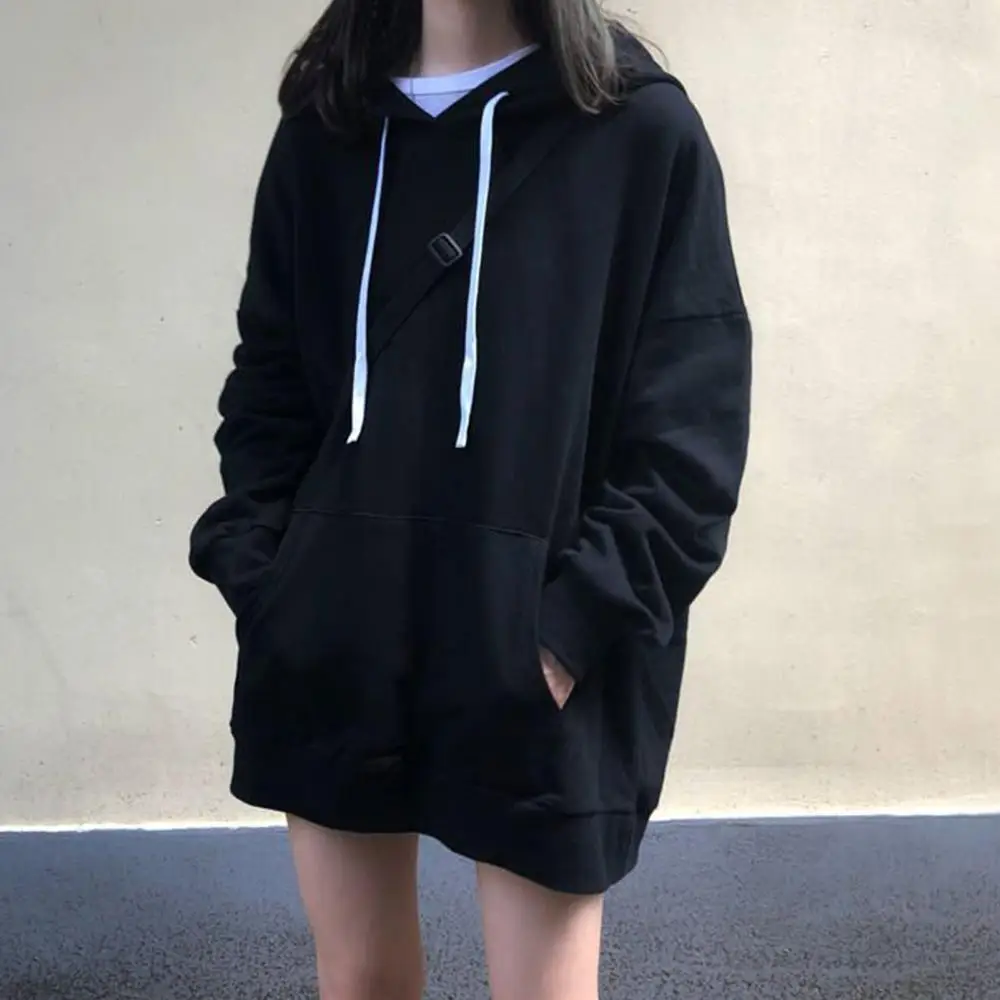 New 2021 Women Autumn Solid Color Pocket Mid-length Hoodie Long Sleeve Loose Sweatshirt