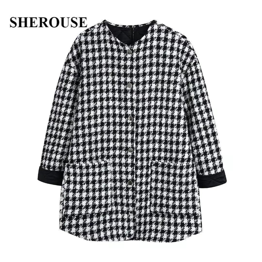 

Sherouse Women Fashion Textured Padded Jacket Long Sleeves Round Neck Pockets Vintage Woman Warm Checkered Coat Outfit Winter