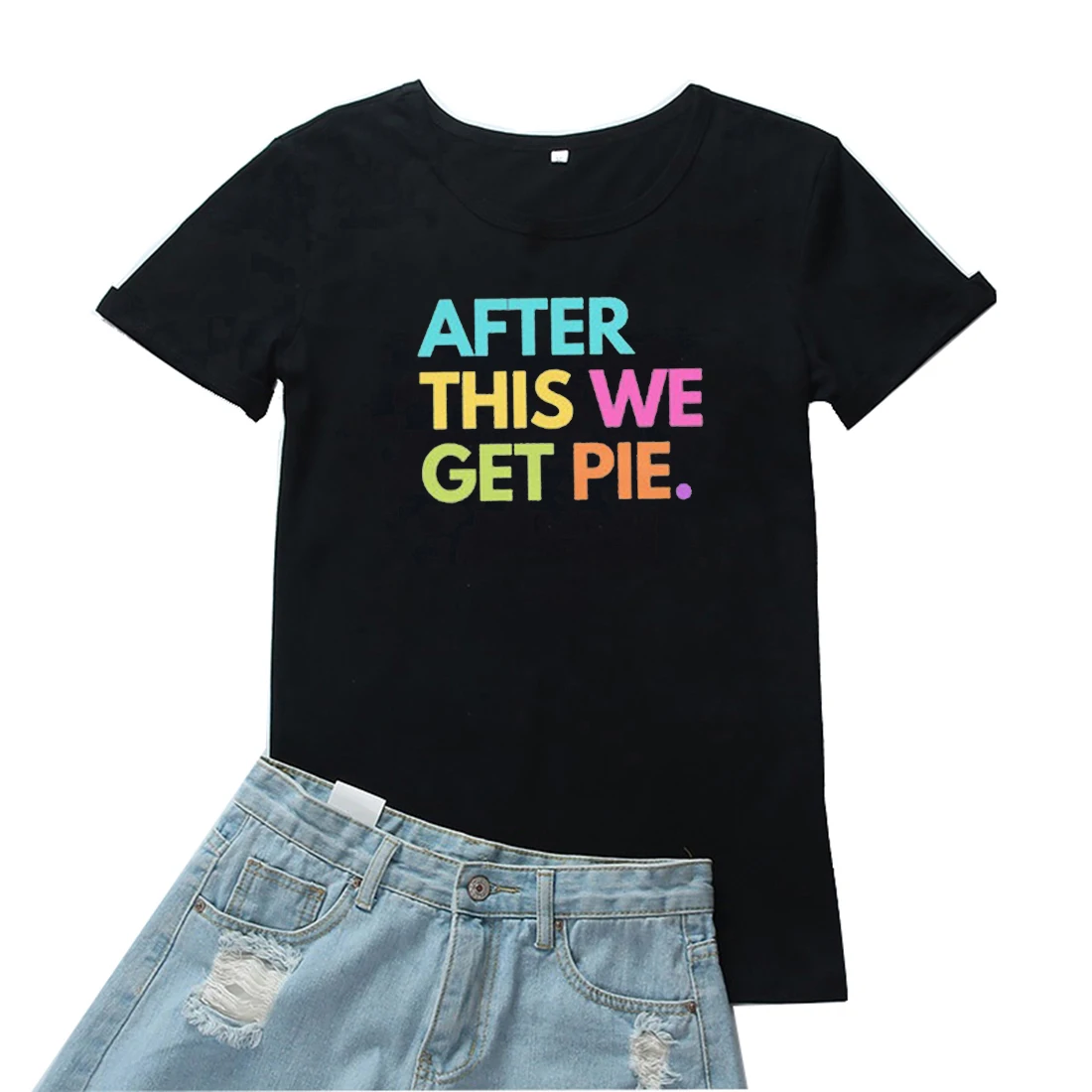 

После этого мы получаем футболку Pie Женская футболка с эстетическим рисунком женские повседневные винтажные топы с цветными буквами Женские футболки Одежда