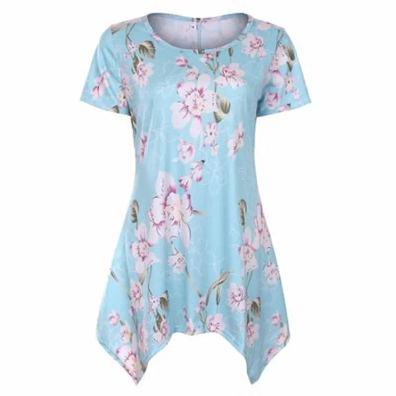 

2021 summer hot sale printed short-sleeved round neck irregular pullover bottoming shirt ladies tops T-shirts