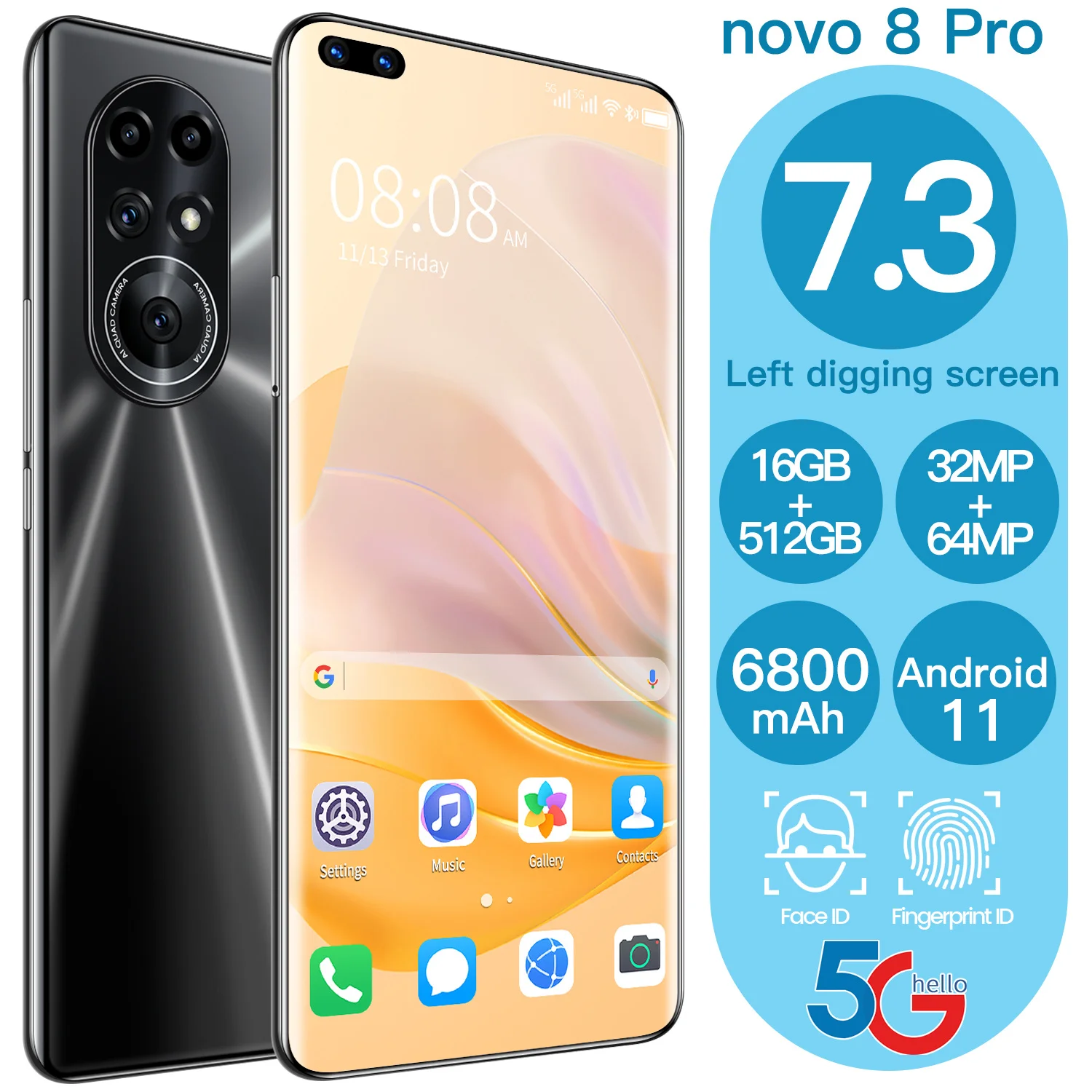 

Global Version Huavei Novo 8 Pro 16GB 512GB 6800mAh 7.3 Inch Screen 32MP 64MP Camera Face ID Snapdragon 888 5G Mobile Phone