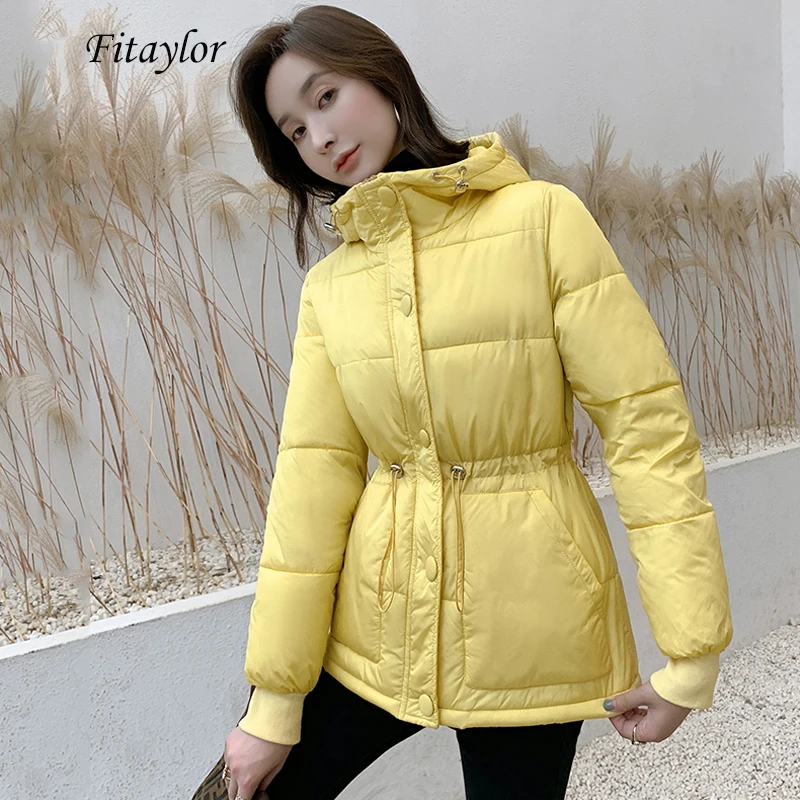 Fitaylor новые зимние хлопковые стеганые короткие куртки теплые с капюшоном однобортные пальто женские повседневные Большие размеры хлопок милая верхняя одежда