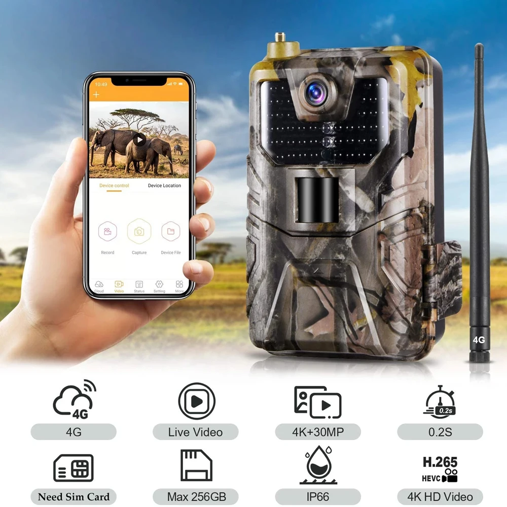 

30MP 4K Live Video APP 4G Cellular Mobile Night Vision Hunting Trail Camera Wildlife Surveillance Photo Trap For Hunting