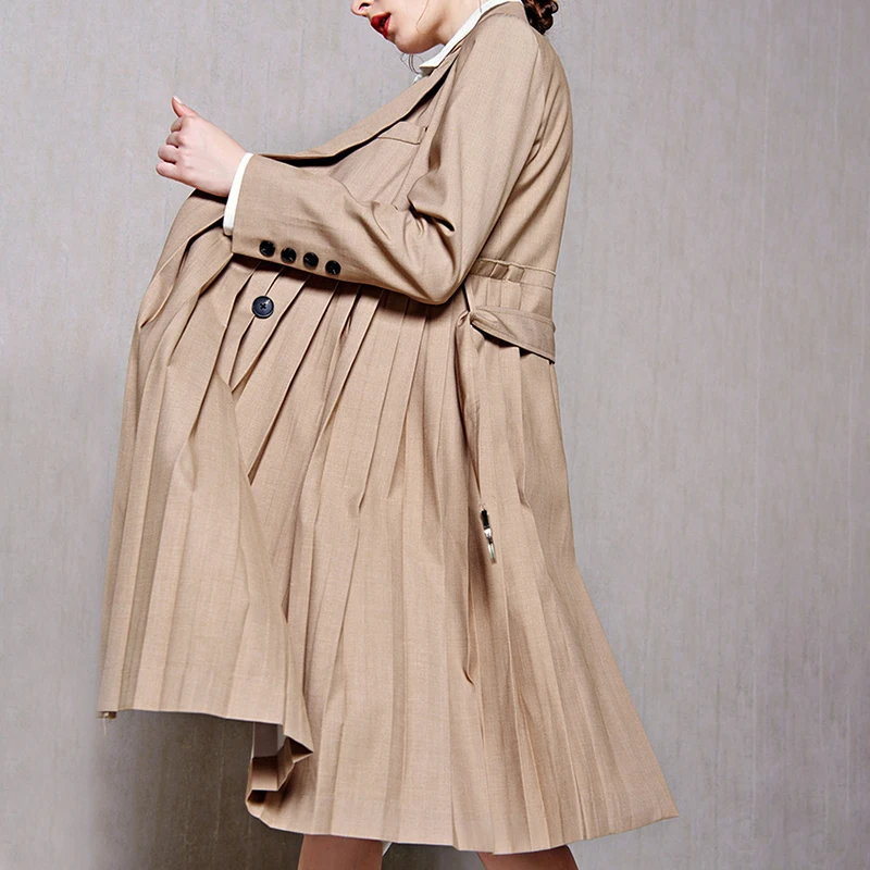 CHICEVER Irregular Pleated Patchwork Women Trench Lapel Collar Long Sleeve With Sashes Loose Windbreaker Coat Female 2020 Autumn | Женская