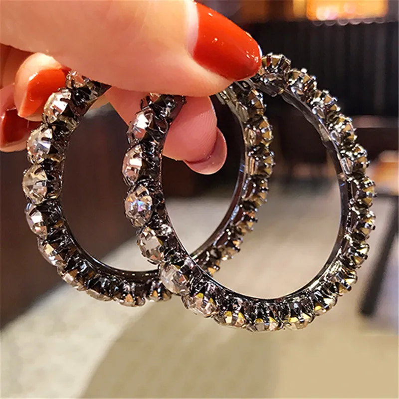 

Cahrm Female Big Round Hoop Earrings 14KT Black Gold Silver Color Wedding Earrings Trendy Bride White Crystal Earrings For Women