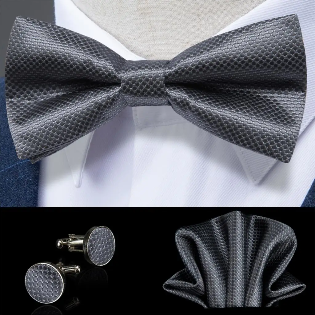

Gray Solid Butterfly Silk Self Bowtie For Men Wedding Bowtie Hanky Cufflinks Set Neckwear Men Tie DiBanGu New Designer JM-105