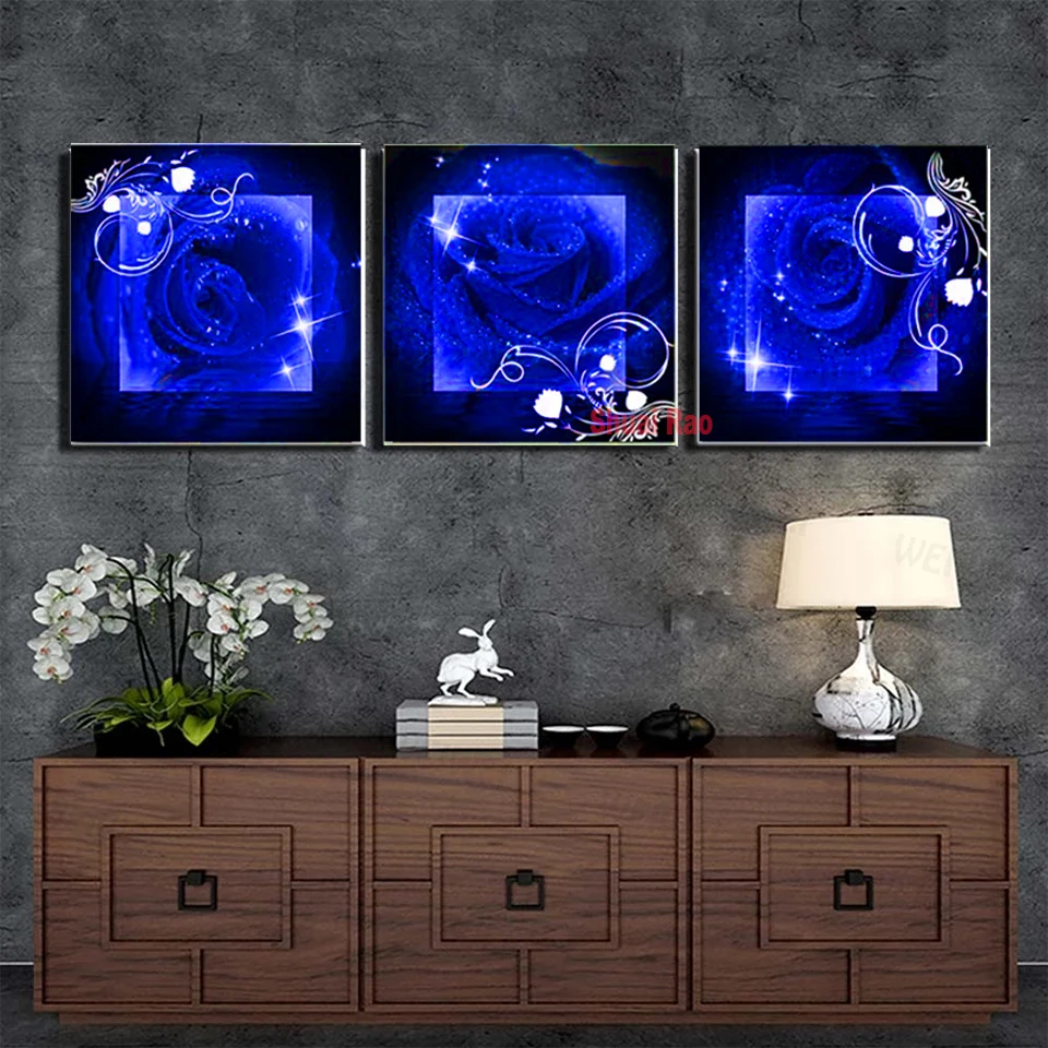 

3 шт., Триптих для алмазной вышивки «Голубая роза»