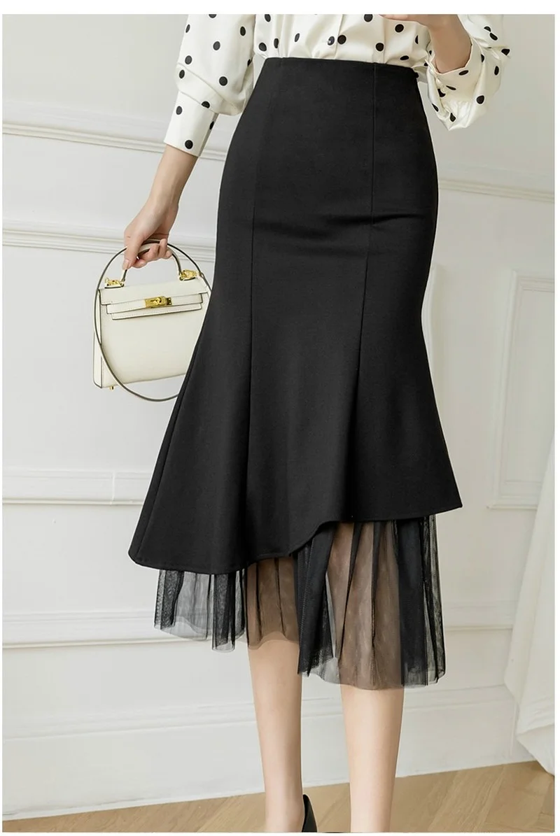 

Women Spring Summer Elegant Tulle Patchwork Package Hip Skirts New Fashion Irregular Ruffle Bodycon Stretch Fishtail Midi Skirt