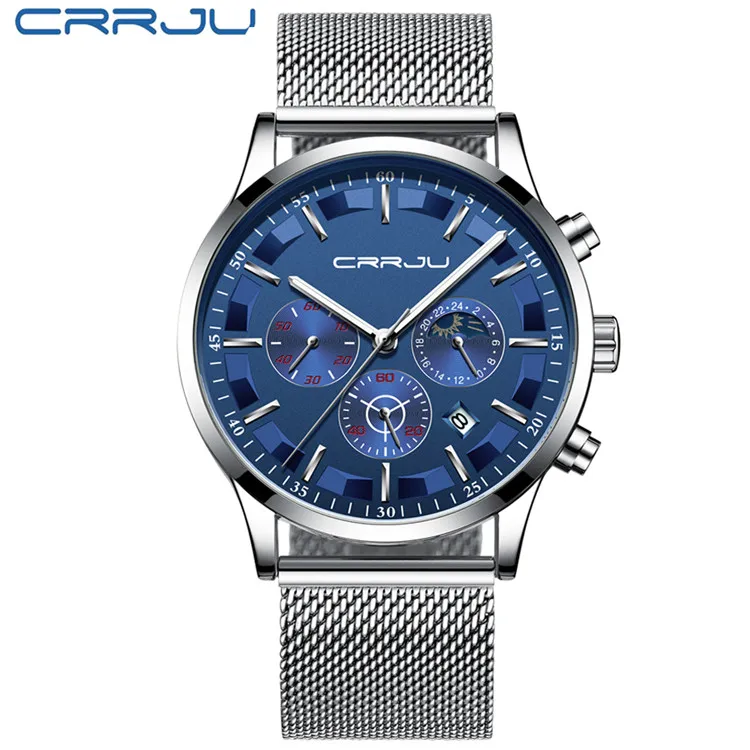 M Silver Blue CRRJU мужские часы Топ бренд Роскошные Модные Бизнес Кварцевые часы мужские спортивные полностью стальные водонепроницаемые черные часы Relogio Masculino - Цвет: M Silver Blue