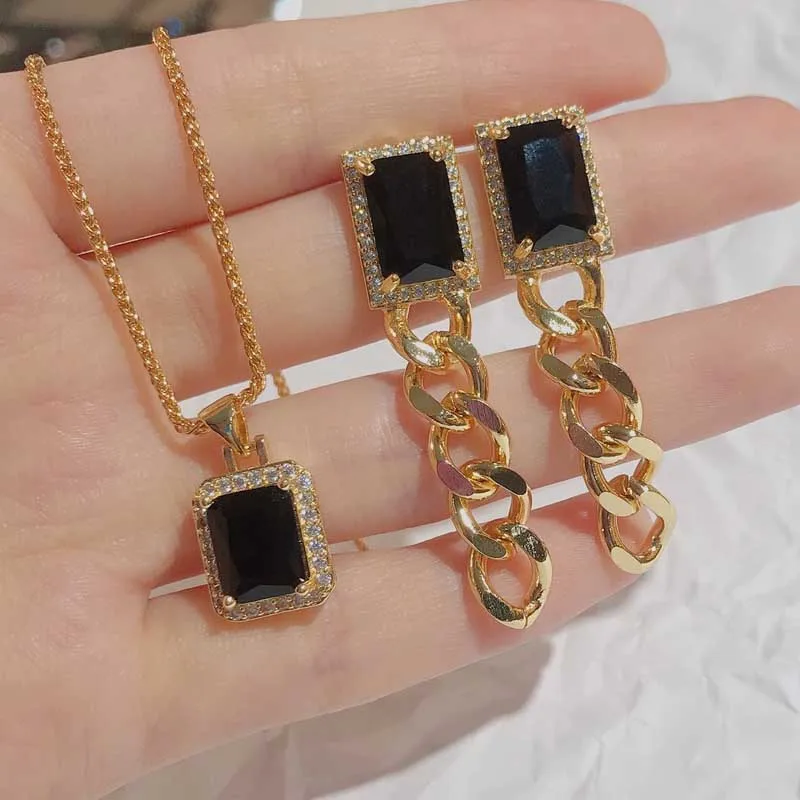 

Europe America Unique Design Pendant Necklace Inlay Black Square AAA Zircon Fine Piercing Earrings For Women Wedding Engagement