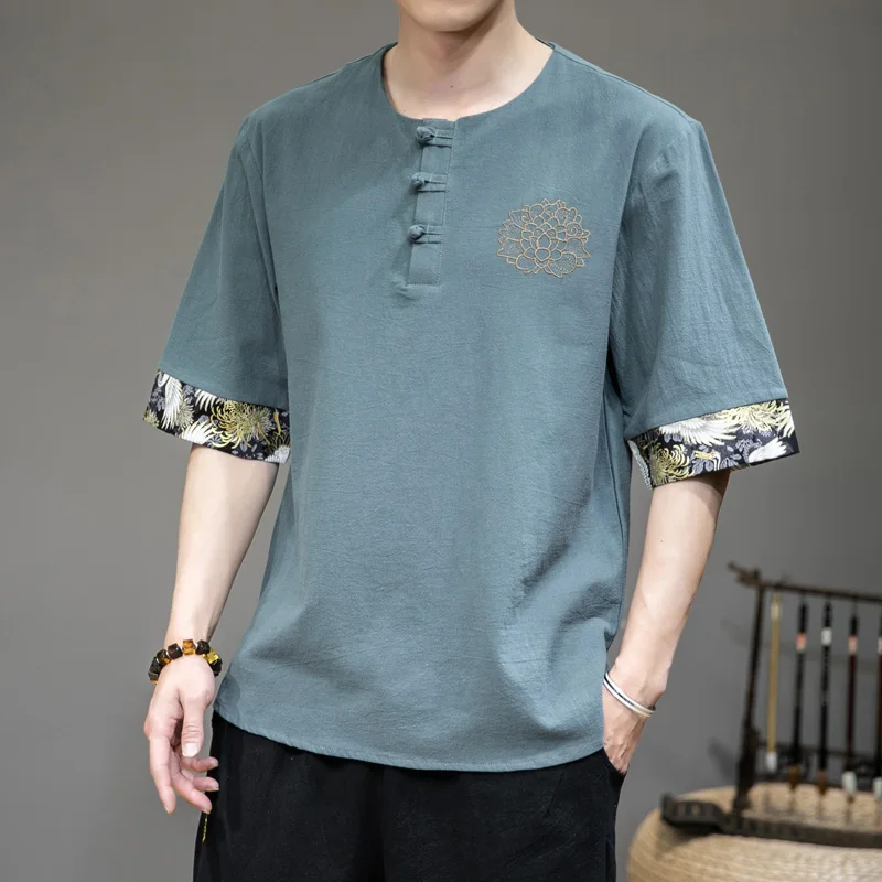 

2020 Summer New Men's Thin Lotus Embroidery Panel round Neck Frog Half-Sleeve Shirt T-shirt