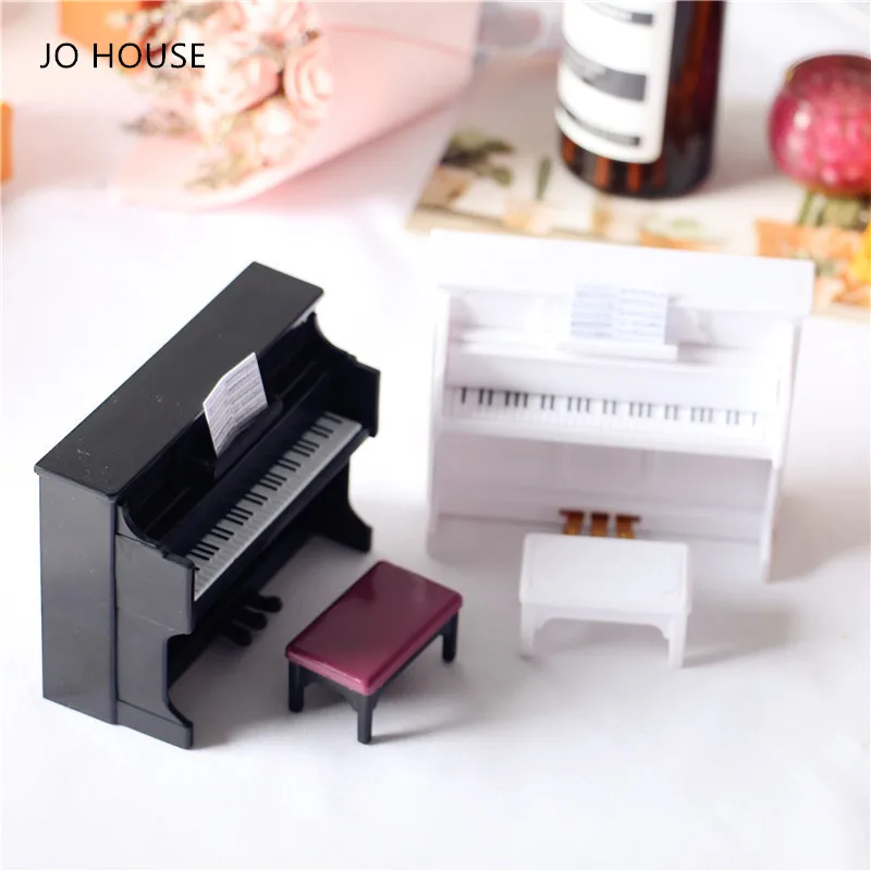 

JO HOUSE 1/12 Dollhouse Mini Piano with Stool Musical Instrument Miniature Upright Piano Model for Doll House Accessories Decor