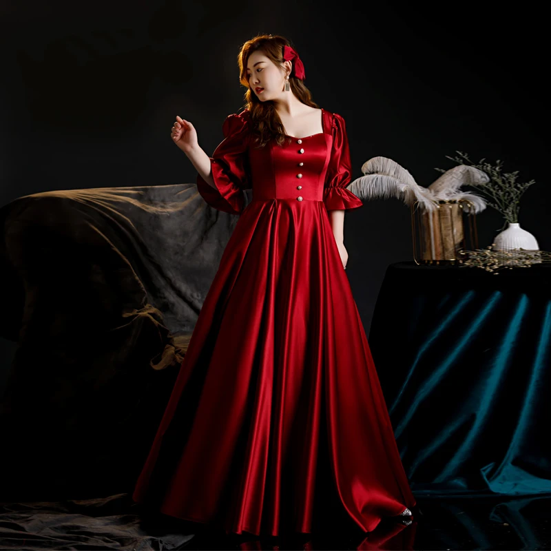 

New Burgundy A-Line Evening Dresses Sqaure Collar Half Sleeves Ruched Women Party Dress Floor-length Plus Size Formal Gowns D432