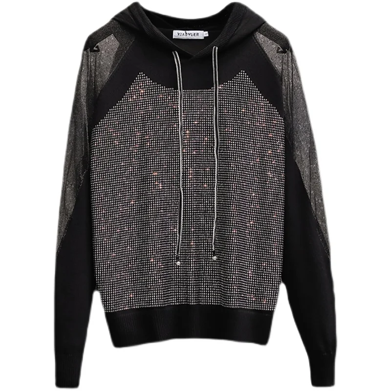 

plus size women fashion Diamond Oversized sweater hooded neck sexy hollow out sleeve kint sweaters pullover jersey mujer 2021