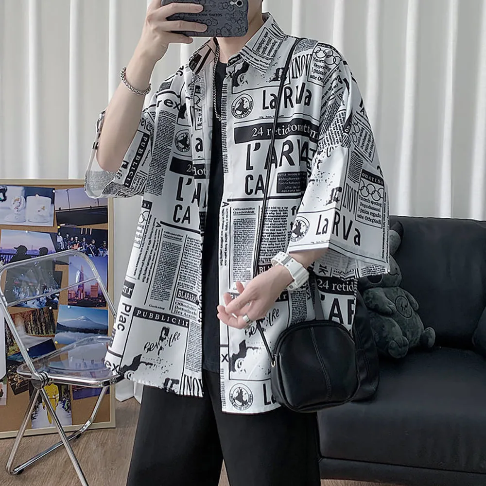 Рубашка мужская с принтом газет корейский стиль хип-хоп уличная одежда в стиле