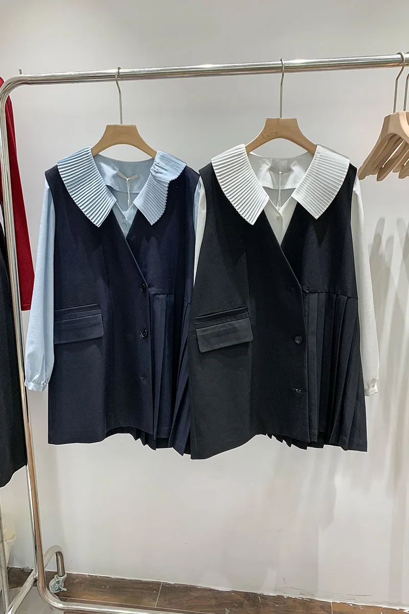 

Spring New Female Casual Slimming V-neck Suit Dress All-matching Irregular Sleeveless Pleatedblazer Vest Dress for Women