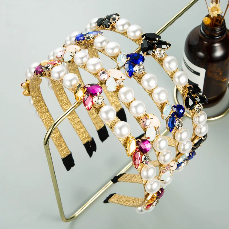

2021 Korean High Quality Big Pearl Rhinestone Headband Flower Vintage Jewelry Festival Hair Accessories for Women Girls