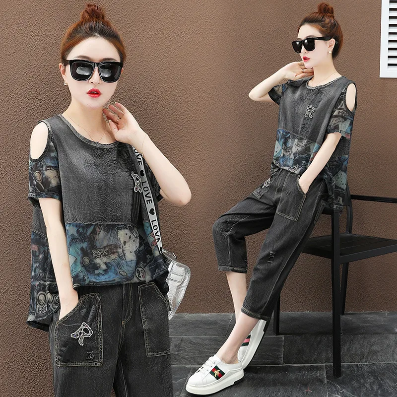 Женский джинсовый костюм Max LuLu Свободный Топ с открытыми плечами и брюки в стиле