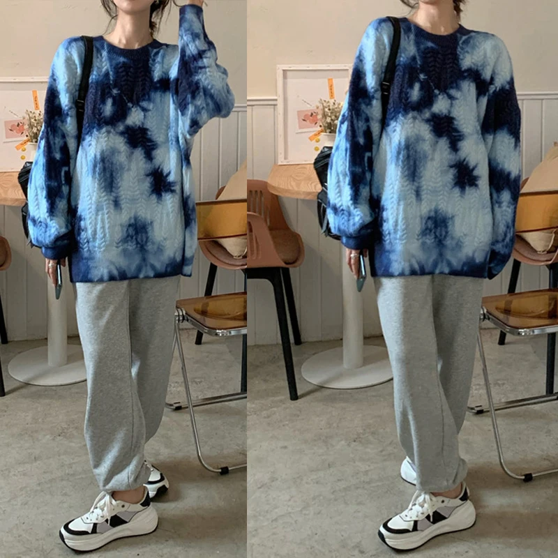 

Winter New Women Vintage Tie Dye Oversize Sweater Warm Thick Purple Pullovers Batwing Sleeve BF Tops Spring Knitted Outwear