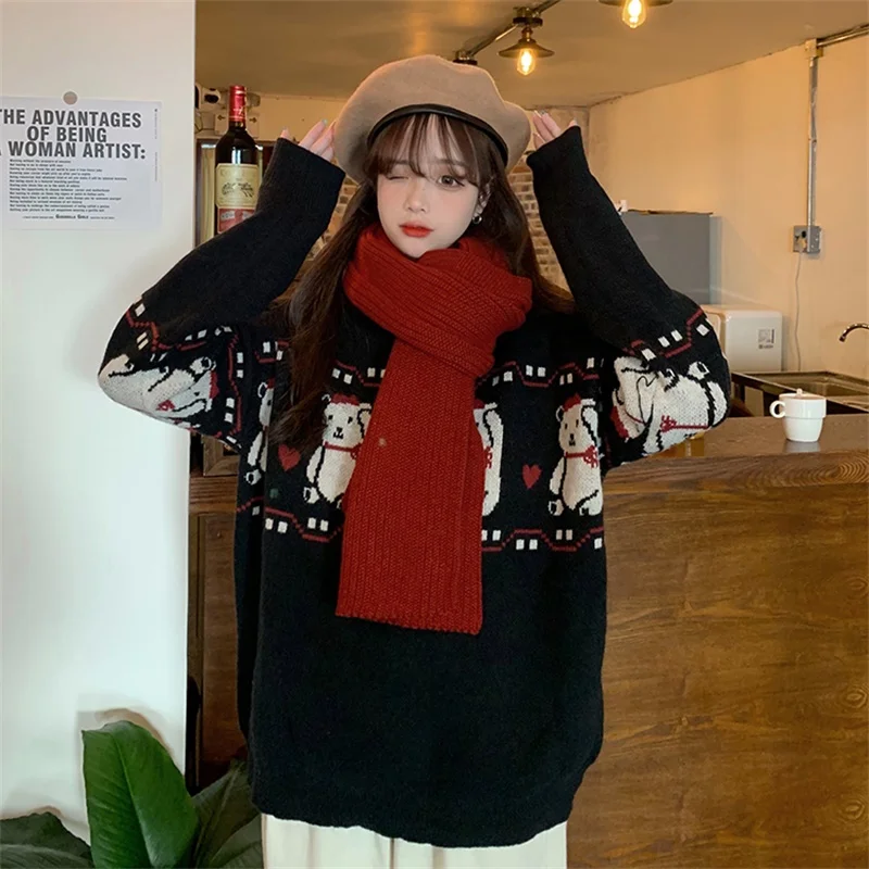 

Japanese Winter New Kawaii Christmas Bear Sweaters Keep Warm Knitting Loose Sweet Lazy Style Pullovers Thicken Cute Sweater