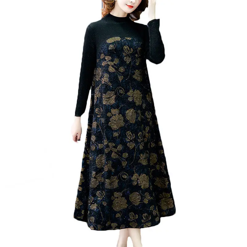 

2022 New Spring Autumn Dress Women's Dresses Elegant Mid-length Plus Velvet Thickened Winter Over the knee Dress b701