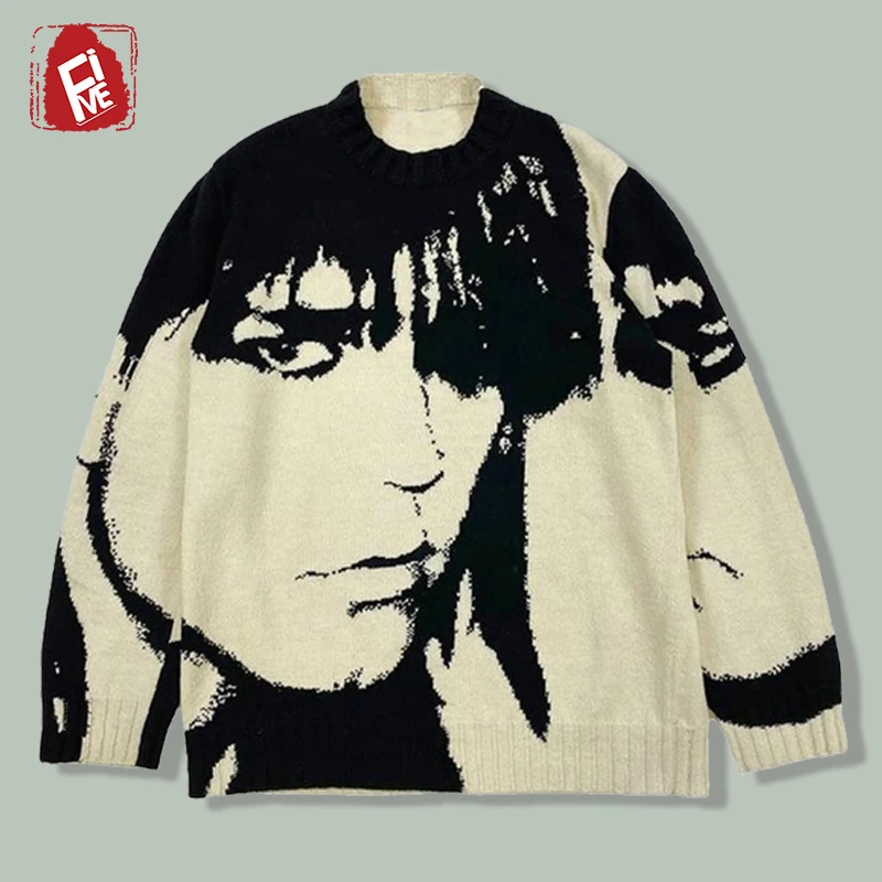 

Hip Hop Retro Portrait Print Sweater Men's Harajuku Streetwear Anime Printing Knitted Sweaters 2021 Winter Japan Loose Pullovers