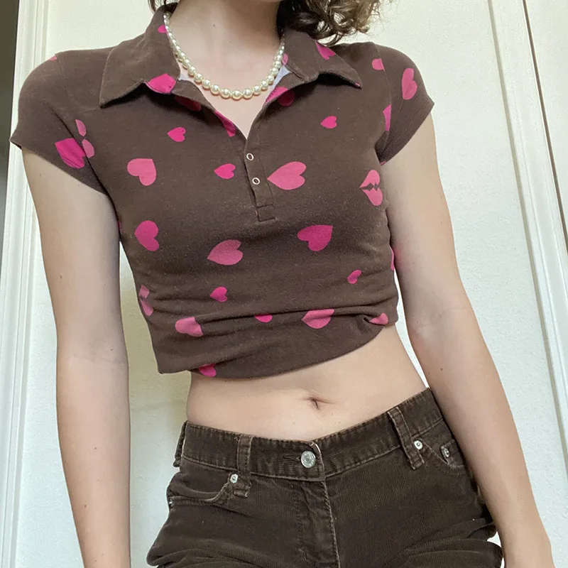 

Wind 2021 summer new love print Lapel short sleeve T-shirt women's navel top Free shipping