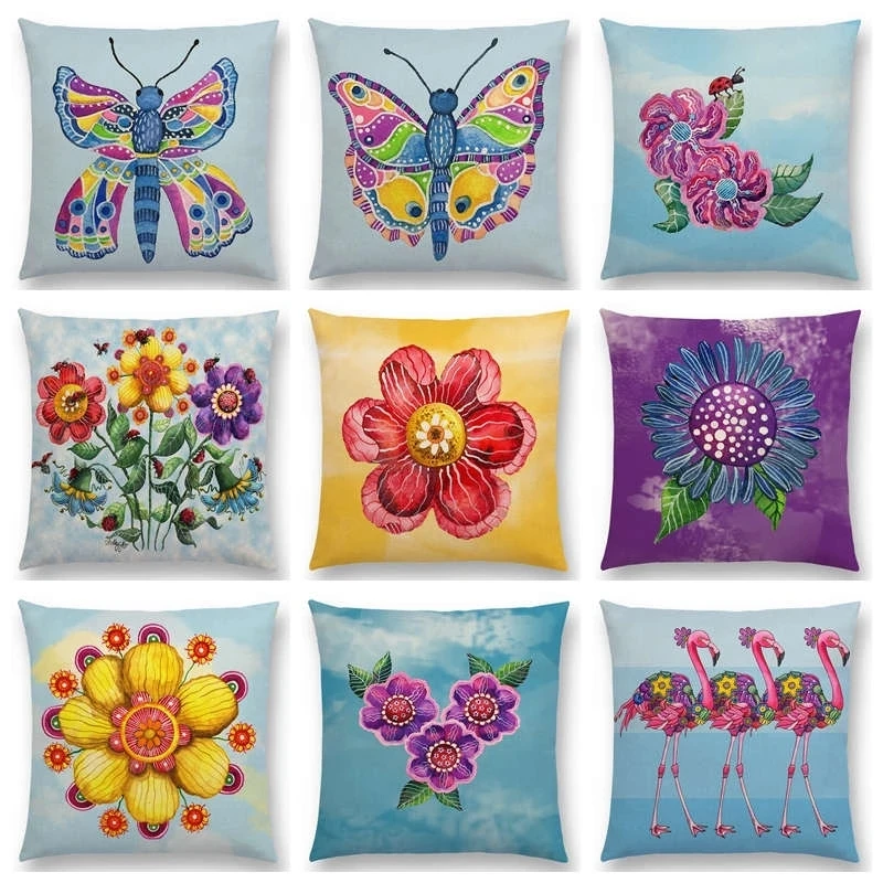 

Watercolor Butterfly Flowers Sofa Throw Pillow Case Colourful Dream Fantasy Inflorescence Flamingo Cushion Cover Home Decor 45cm