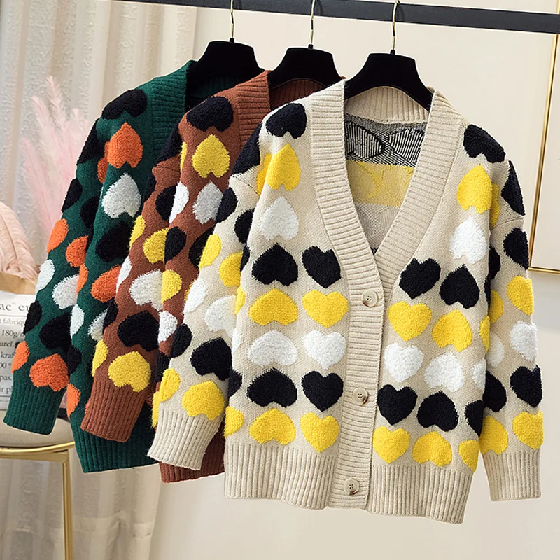 

Love Heart Pattern Warm Sweater Jackets 2021 Spring Autumn Women Elegant Knitting Vintage V Neck Loose Thick Cardigan Coat BIG