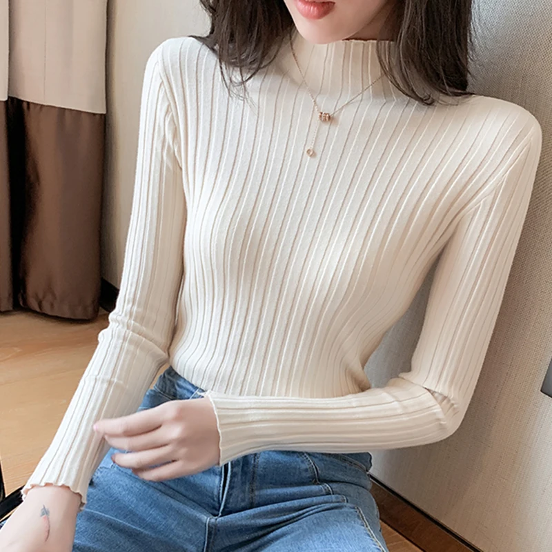 

Lucyever Women Fashion Solid Wild Bottoming Shirt Long Sleeve Turtleneck Pullovers Woman Elastic Slim Knitted Sweaters Female