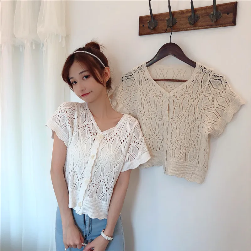 

Hollow Out Short Sleeve Cardigan Coat Women's T-Whirt Thin Summer 2021 New Korean Versatile Short Top