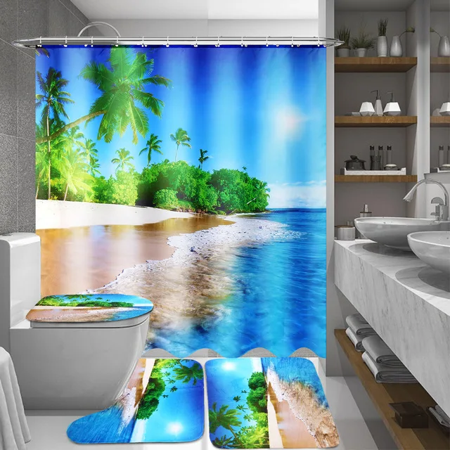 Занавеска для душа с 3D рисунком пляжного пейзажа коврик-подставка крышка унитаза - Фото №1