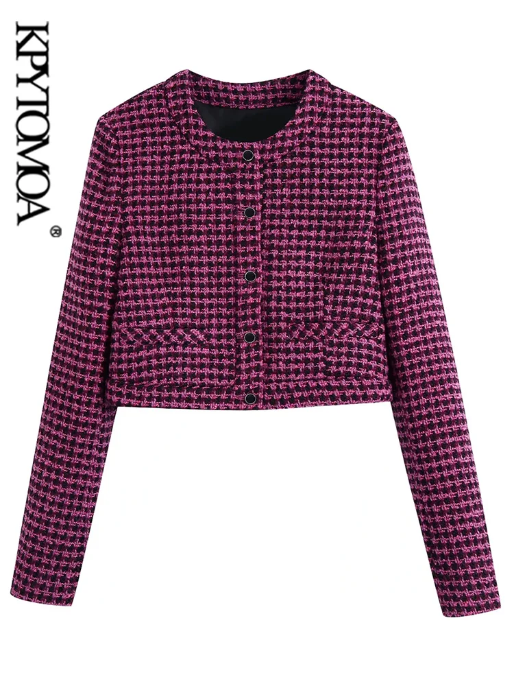

KPYTOMOA Women Fashion Front Welt Pockets Tweed Cropped Jacket Coat Vintage O Neck Long Sleeve Female Outerwear Chic Tops