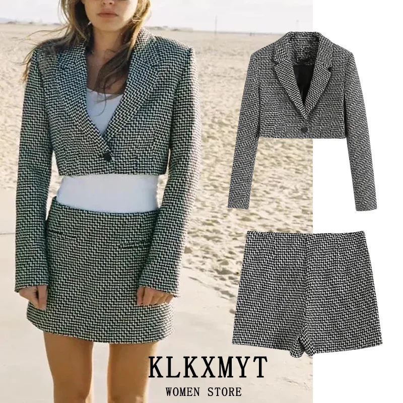 

Женские костюмы KLKXMYT ZBZA с юбкой, Модный повседневный укороченный Блейзер, костюм из 2 предметов и элегантная мини-юбка, женские комплекты